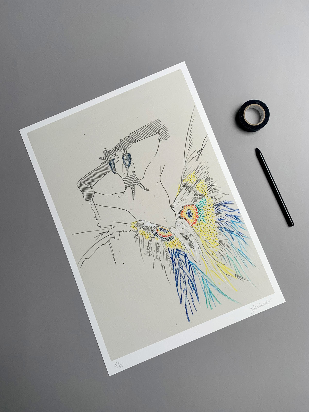 An A3 illustration of Thierry Muglers' butterfly dress drawn in pastel pencils but fashion designer and illustrator Melanie Walker.