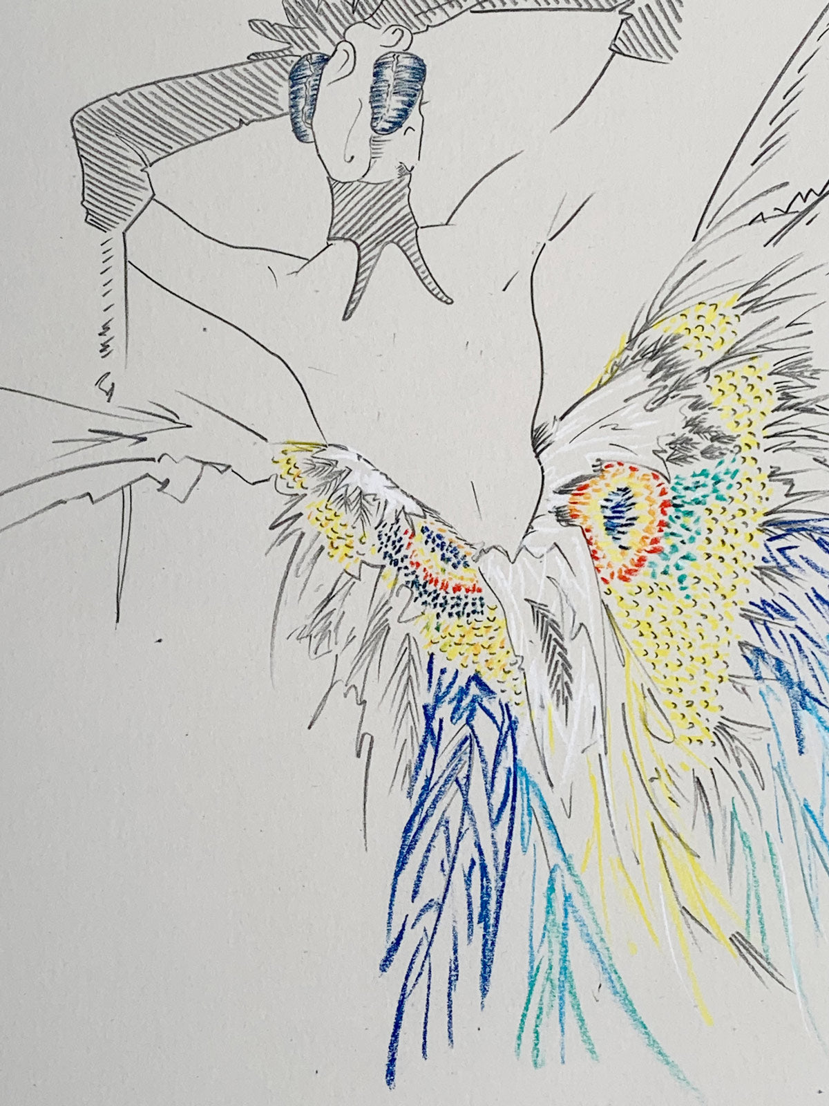 Colour details of Thierry Muglers' Butterfly Dress. An artwork drawn by fashion illustrator Melanie Walker.
