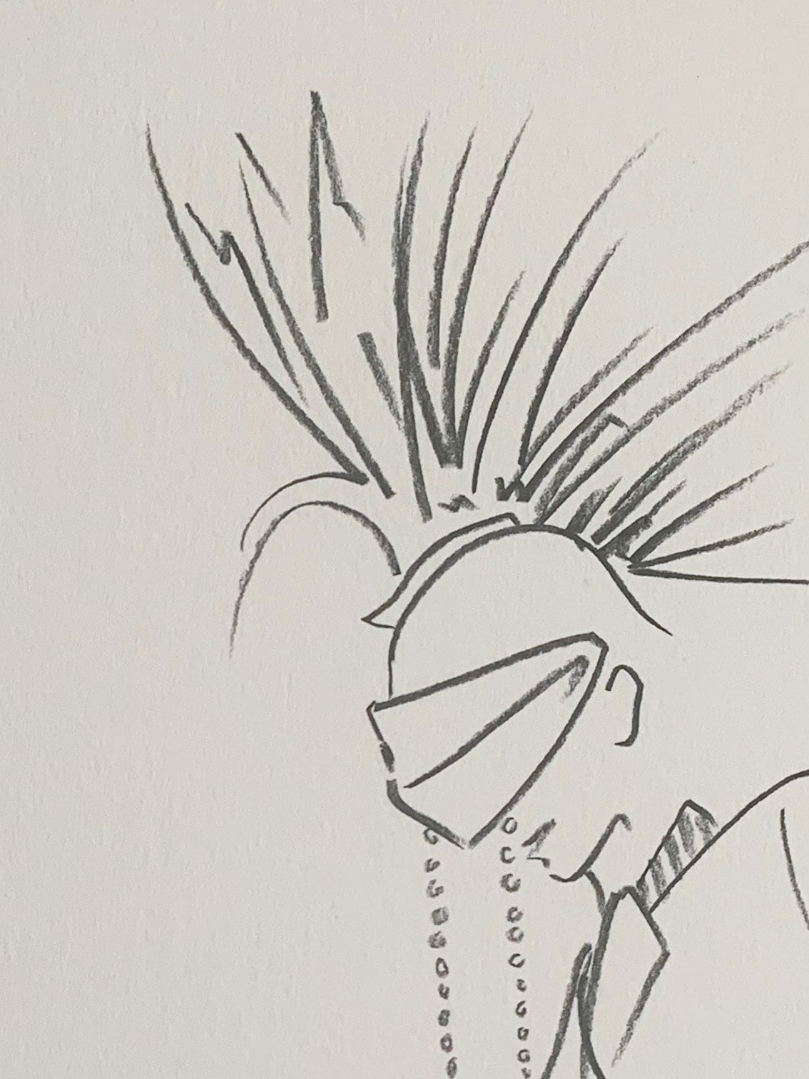 Details of a Mohawk in a charcoal fashion sketch by Melanie Walker.