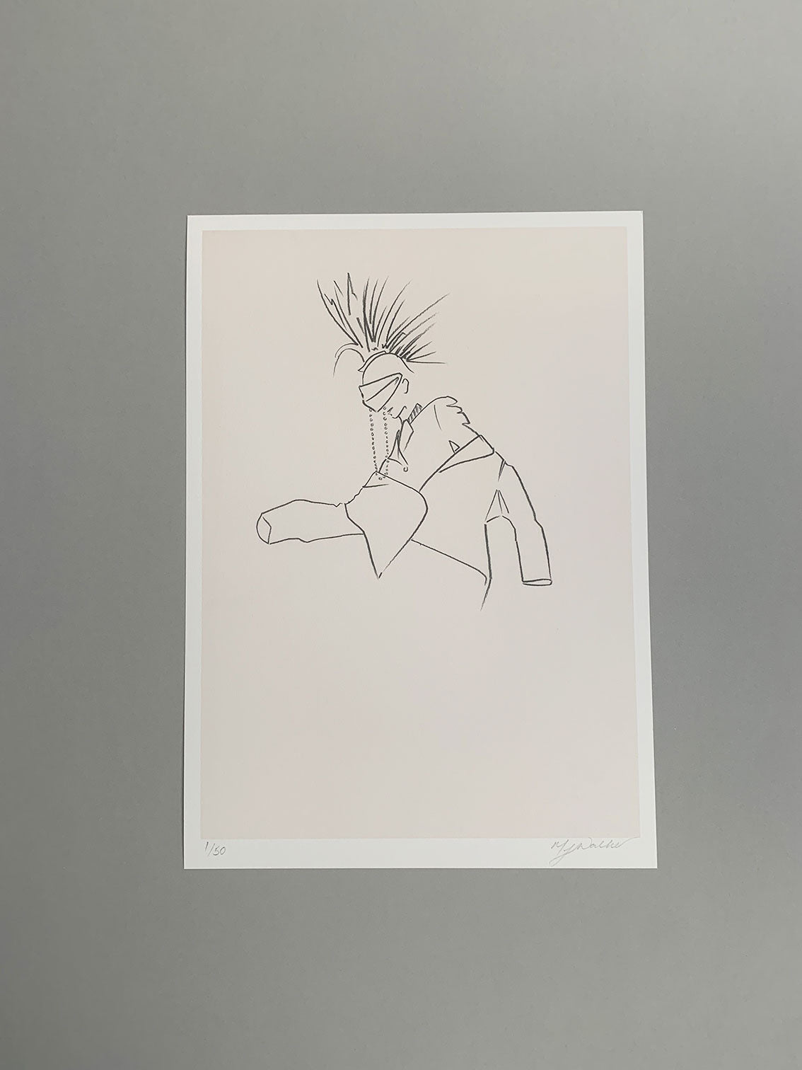 Charcoal fashion sketch of a person with a Mohawk on a grey background.
