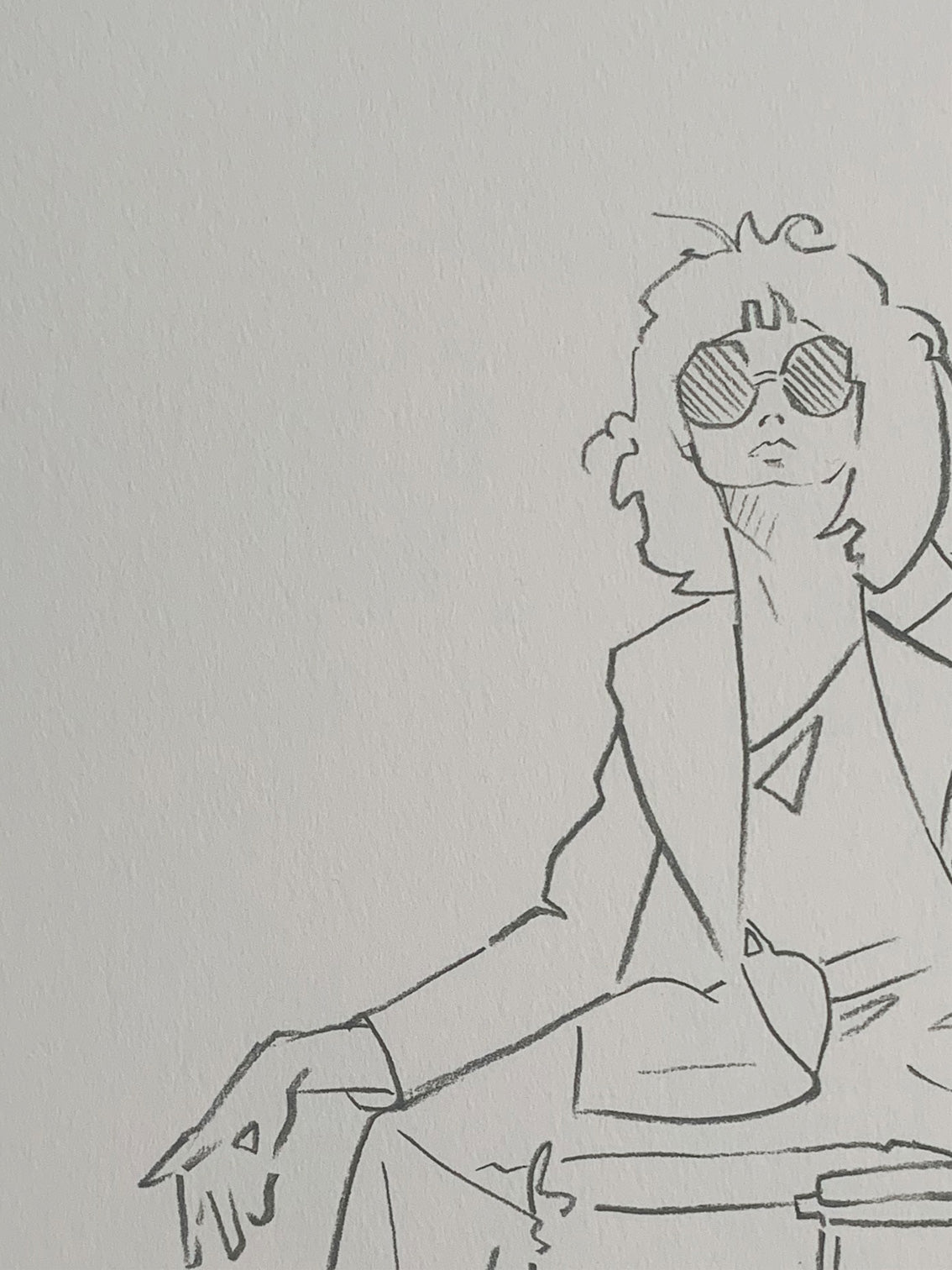 Details of a lady wearing sunglasses in a charcoal fashion illustration by Melanie Walker.