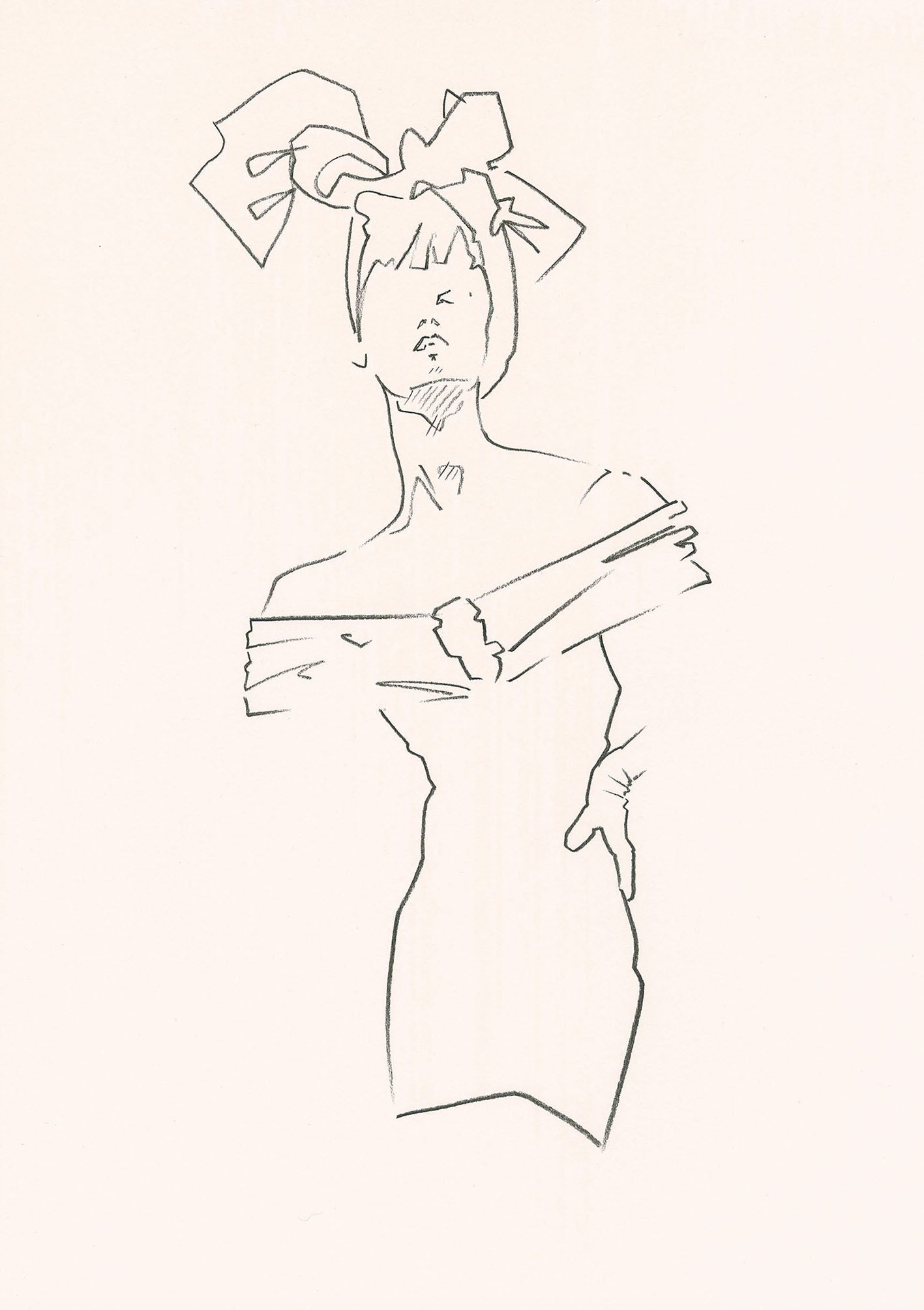 Contemporary monochrome print of a lady in a head scarf.