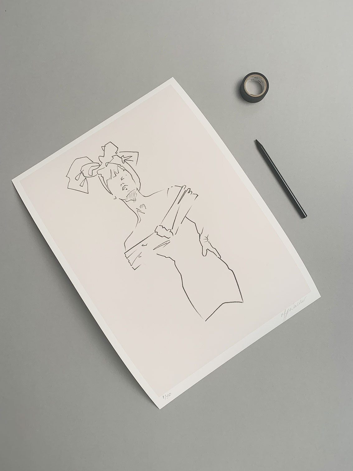 Contemporary fashion print of a lady in a headscarf on a grey background.