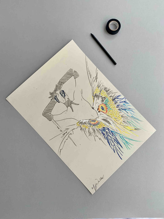 An A3 illustration of Thierry Muglers' butterfly dress drawn in pastel pencils but fashion designer and illustrator Melanie Walker.