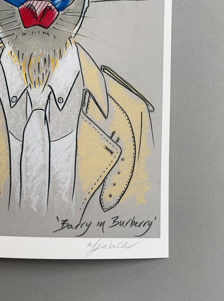 Melanie Walker's signature on a modern colour print of an animal in designer clothing.