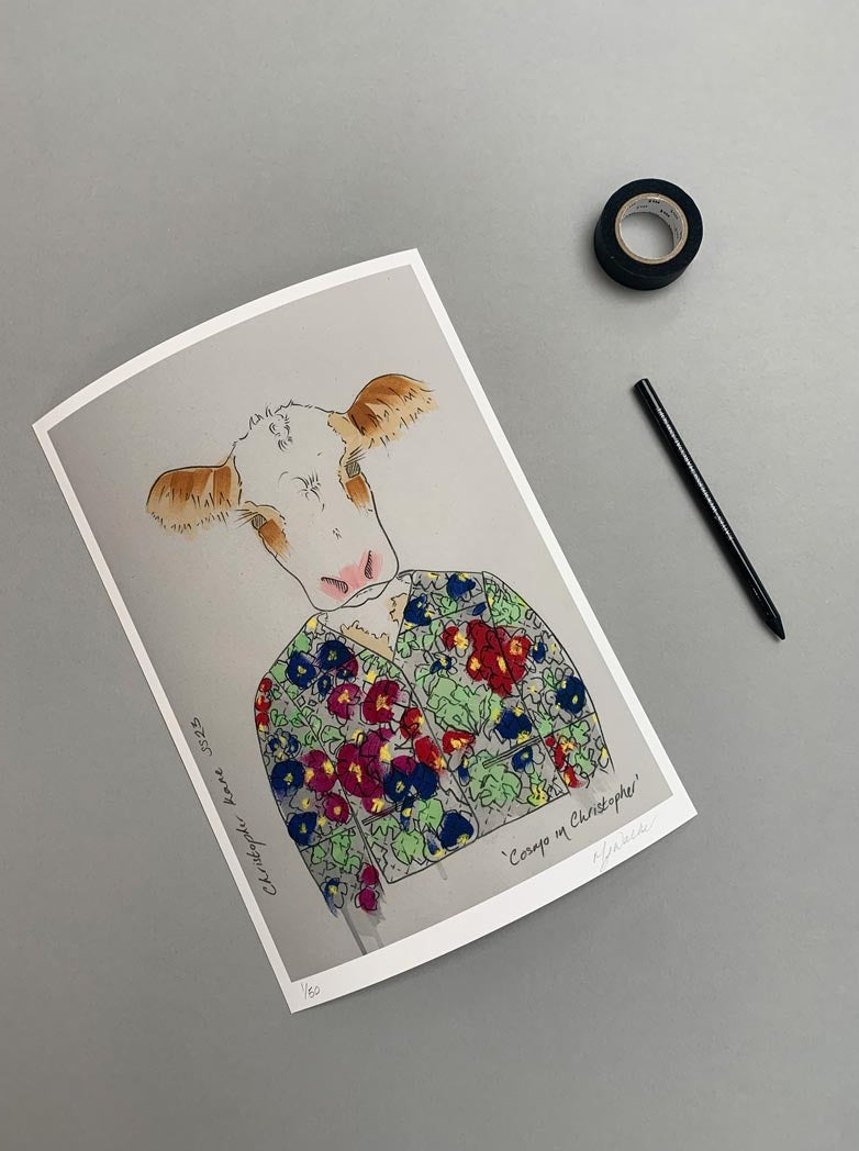 Modern colour print of an animal in designer clothing on a grey background.