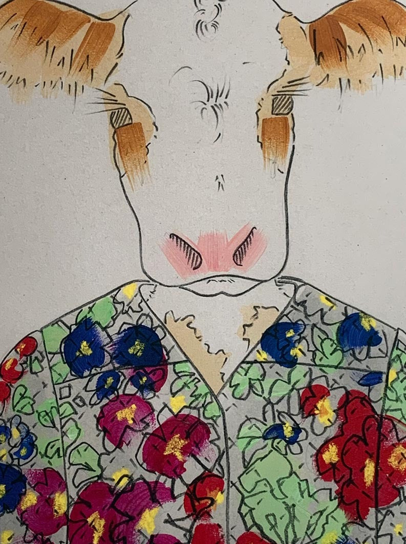 Details of a modern colour print of an animal in designer clothing.