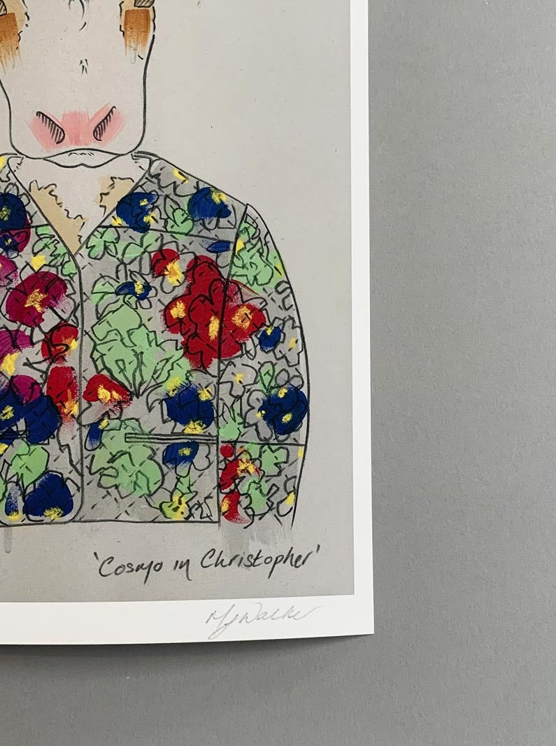 Melanie Walker's signature on a modern colour print of an animal in designer clothing.