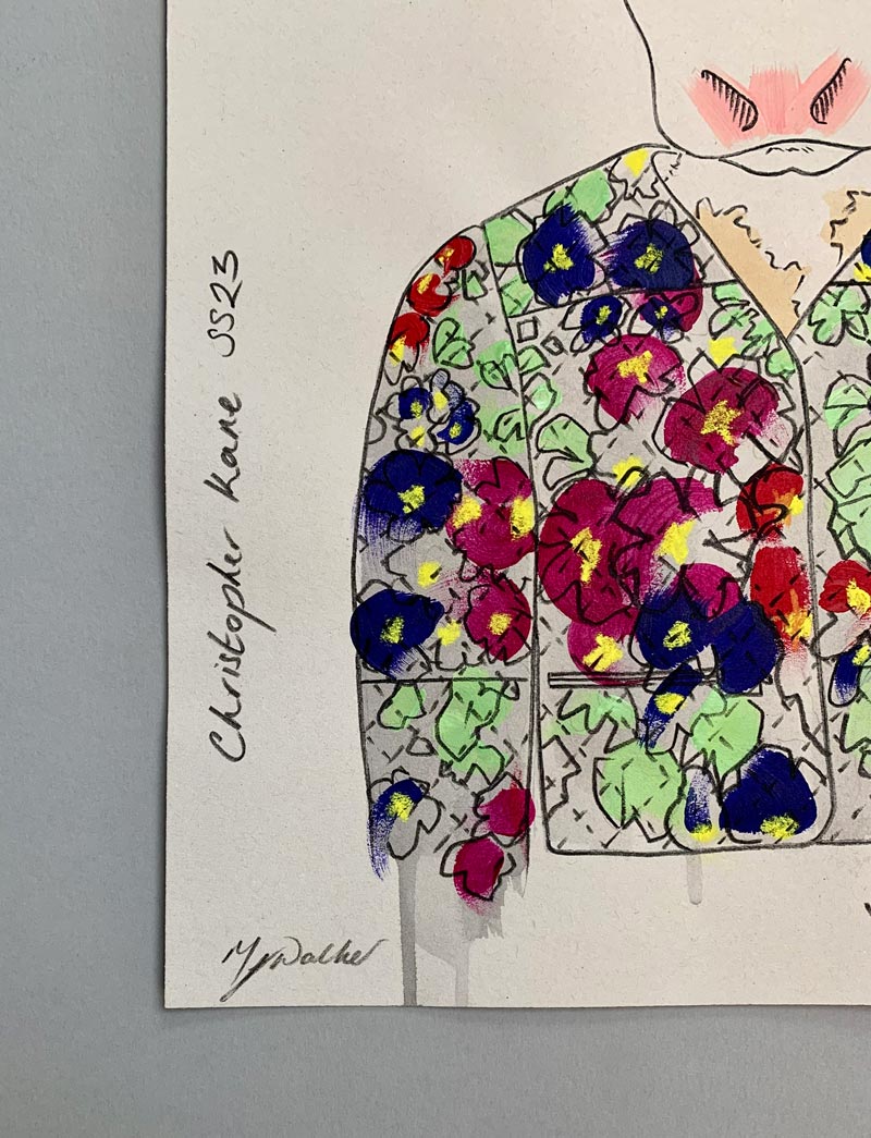 Mel Walker's signature on a colourful illustration of a cow in designer Christopher clothing.