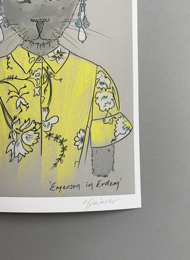 Melanie Walker's signature on a modern colour print of an animal in designer clothing.