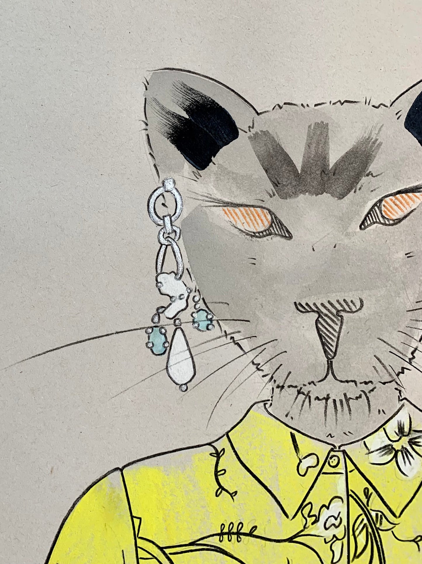 Details of a colourful illustration of a cat in designer Erdem clothing.