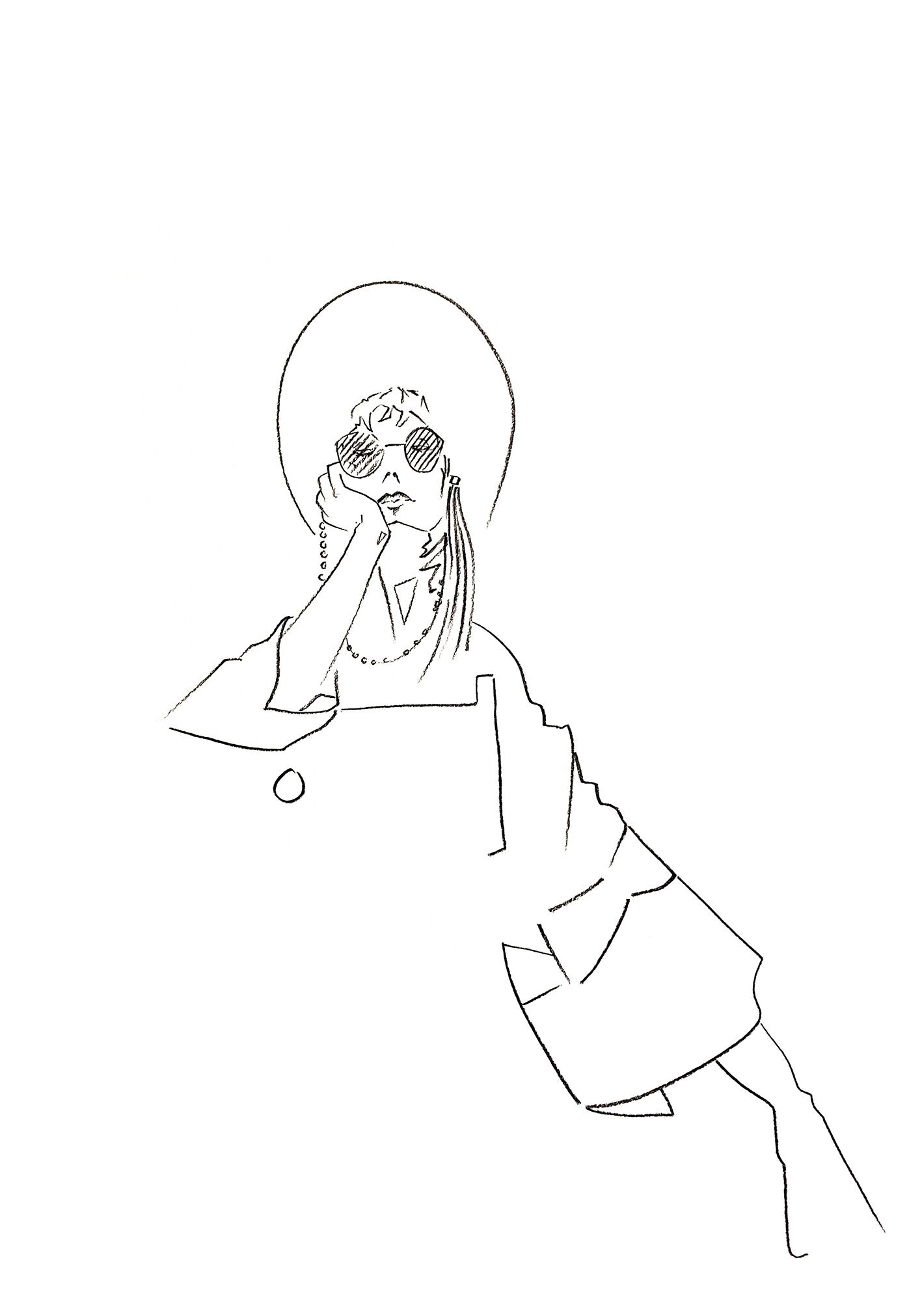 Contemporary fashion illustration of a lady in a floppy hat and large sunglasses.