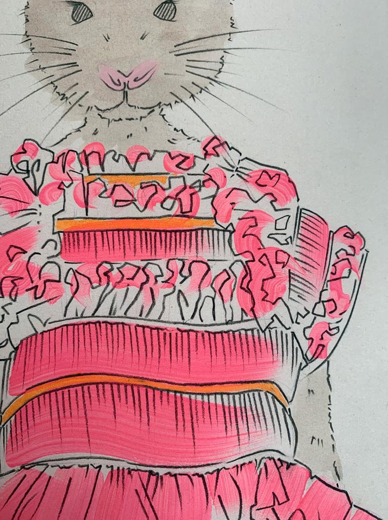 Details of a modern colour print of an animal in designer clothing.