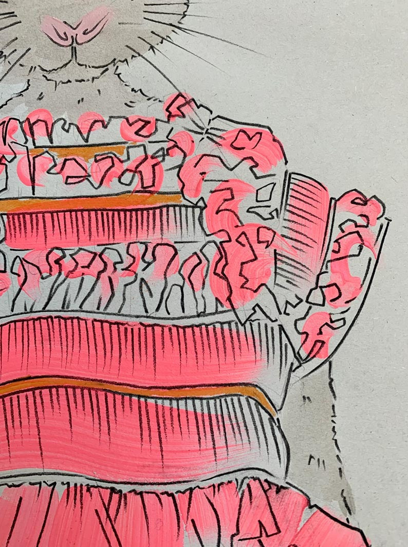 Details of a colourful illustration of a mouse in designer Morgan clothing.