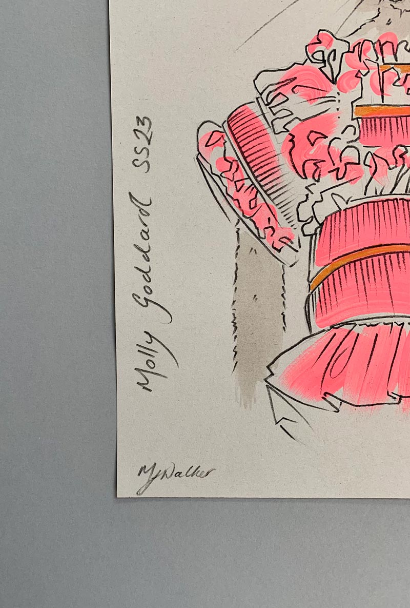 Mel Walker's signature on a colourful illustration of a mouse in designer Morgan clothing.