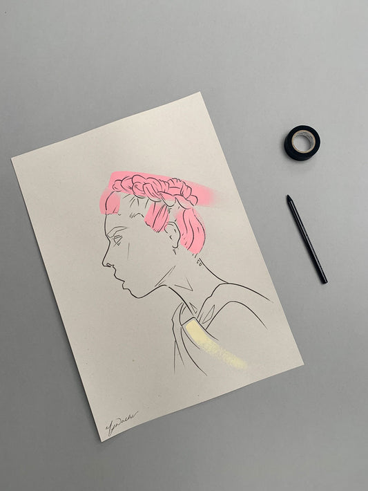 Colourful portrait illustration of a fashion model on a grey background.