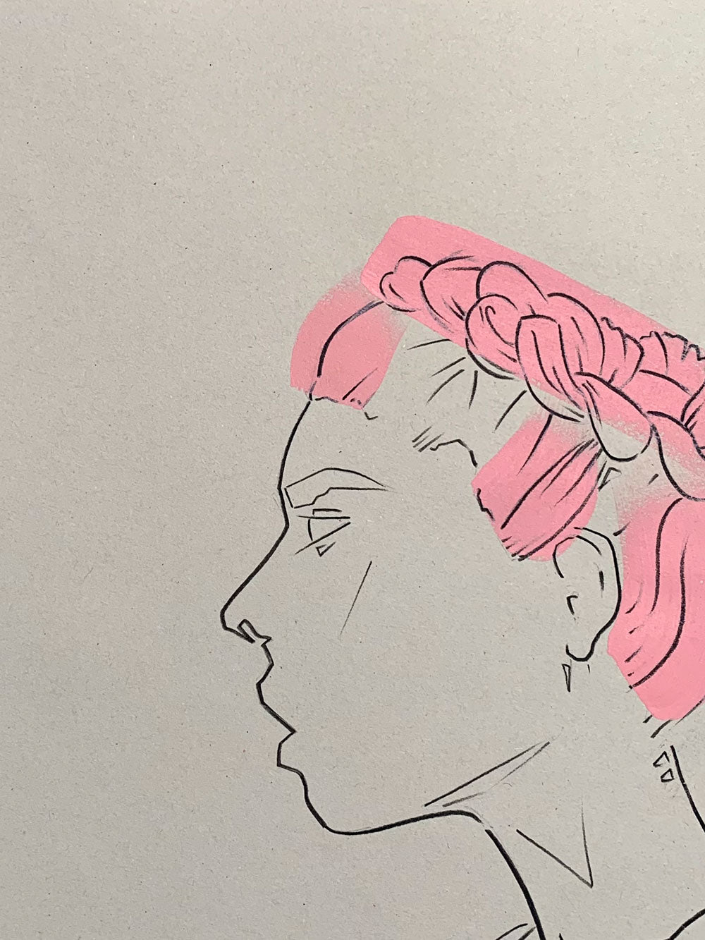 Details of a colourful portrait illustration of a fashion model.