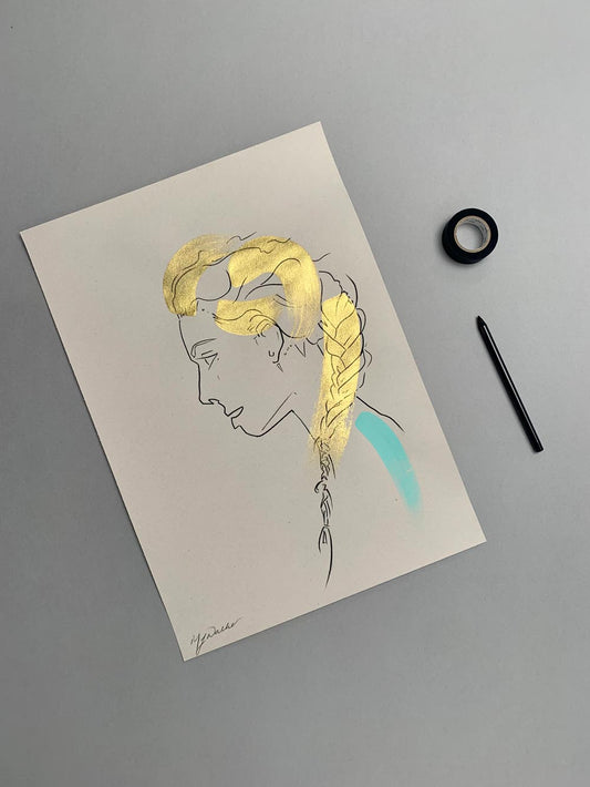 Colourful portrait illustration of a fashion model on a grey background.