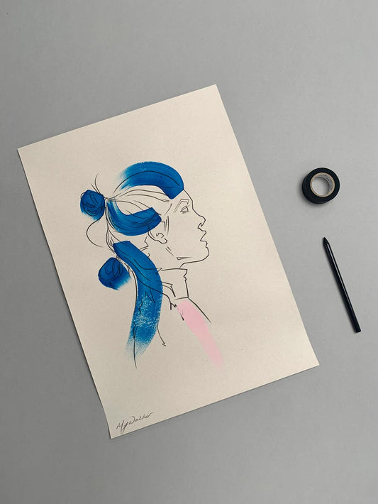 Colourful portrait illustration of a fashion model on a grey background.