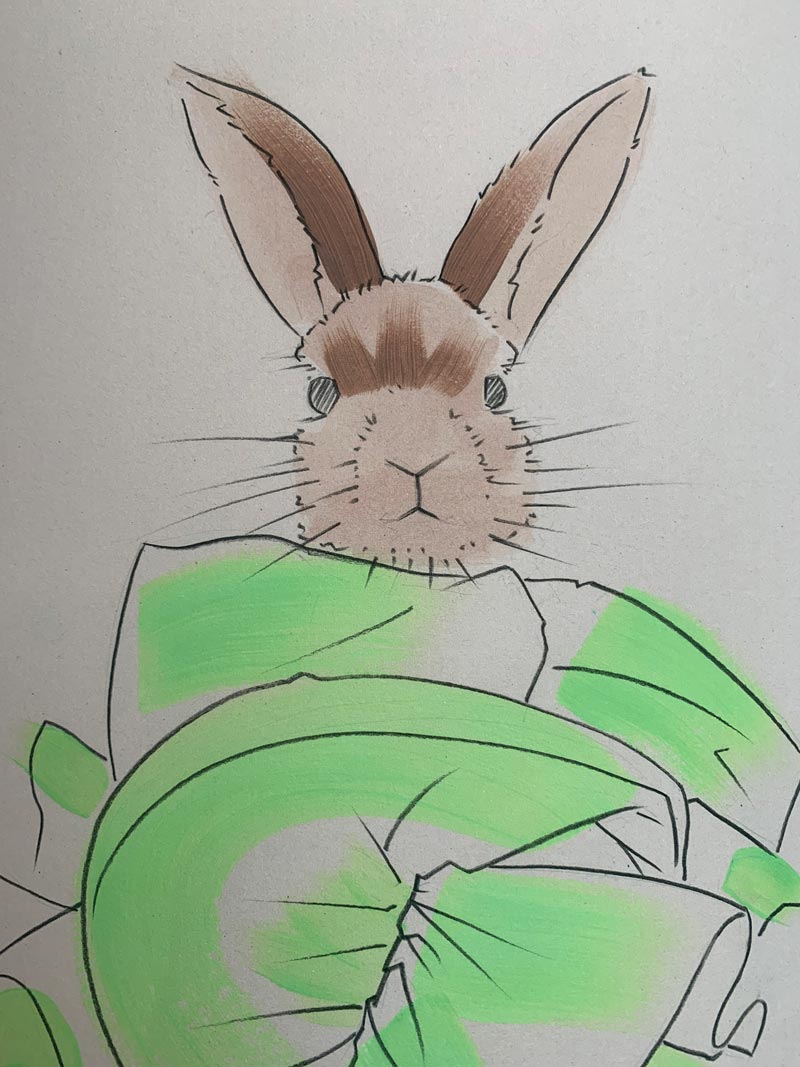 Details of a modern colour print of an animal in designer clothing.