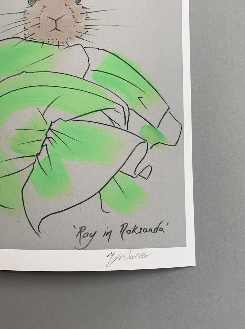 Melanie Walker's signature on a modern colour print of an animal in designer clothing.