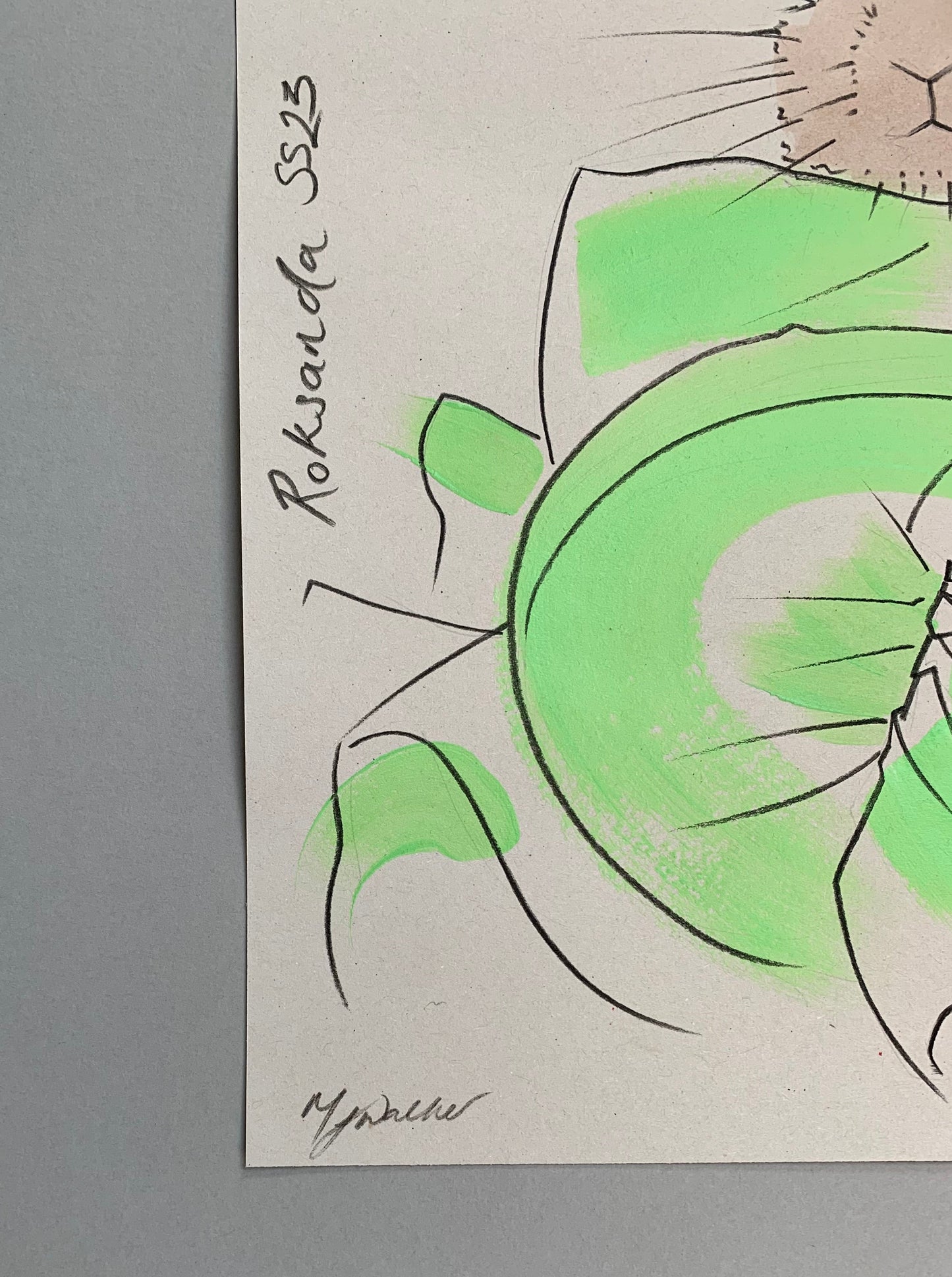 Mel Walker's signature on a colourful illustration of a bunny in designer Roksanda clothing.