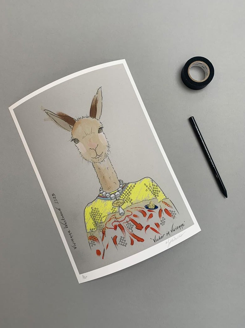Modern colour print of an animal in designer clothing on a grey background.