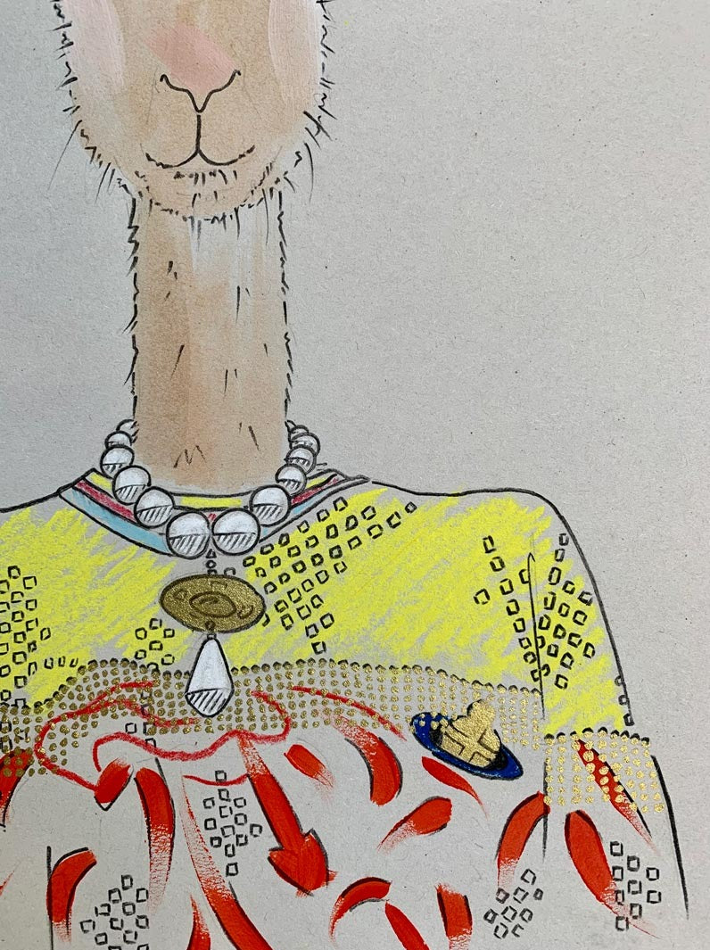 Details of a colourful illustration of a Kangaroo in designer Vivienne Westwood clothing on a grey background.