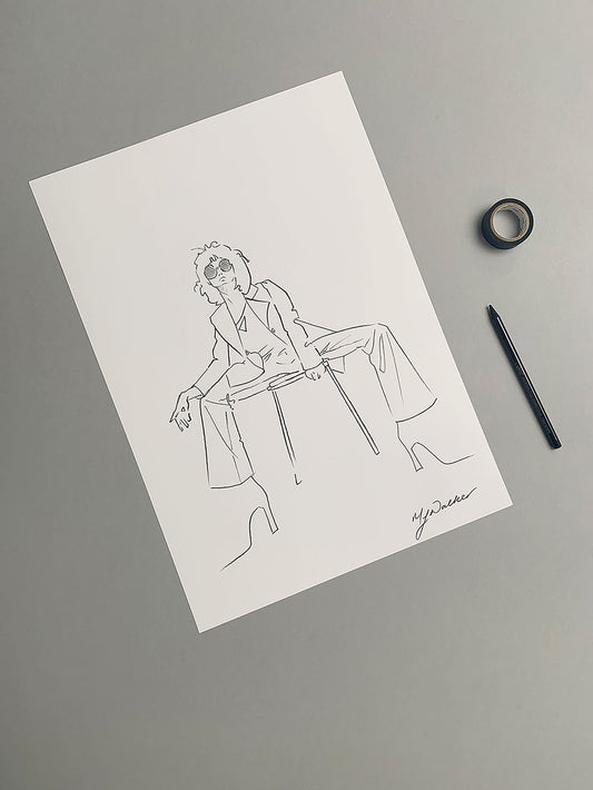 Charcoal sketch of a fashion model sitting on a stool on a grey background.