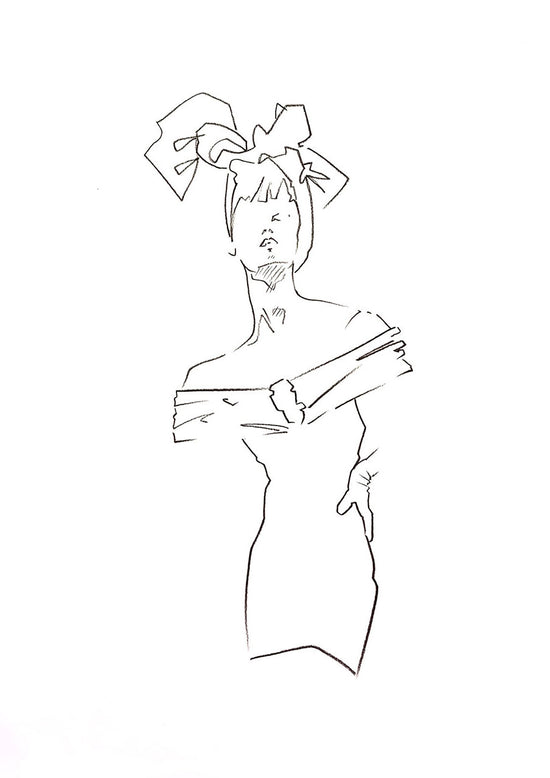 Black charcoal fashion illustration of a lady wearing an off shoulder dress and a head scarf.