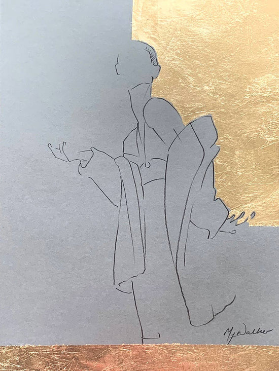 Pencil and gold leaf art of a fashion model posing in an oversized trench coat.