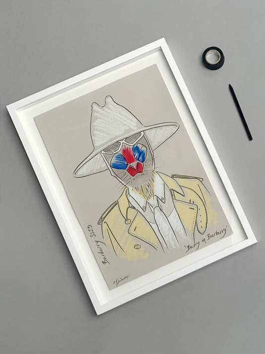 Colourful illustration of an beaver in designer Burberry clothing on a grey background.