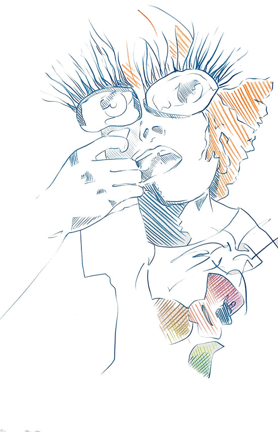 Coloured pencil sketch of an eccentric, ginger haired man with big eyes and his fingers in his mouth. Minimalist sketch by the fashion designer Melanie Walker.
