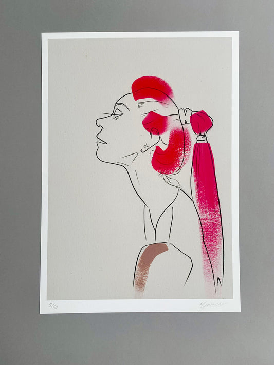 Colourful portrait illustration of a fashion model on a grey background.