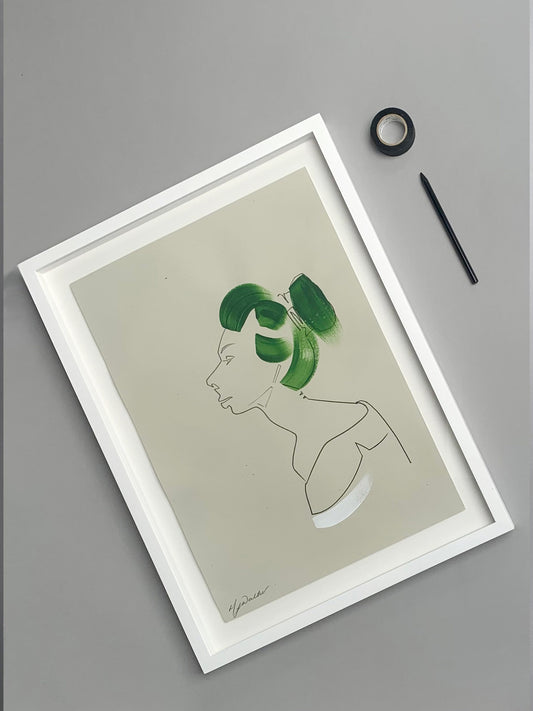 Colourful portrait illustration of a fashion model on a grey background.