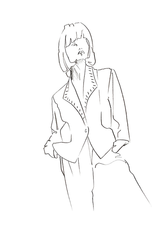 Black and white charcoal fashion sketch of a women posing in jacket and trousers.