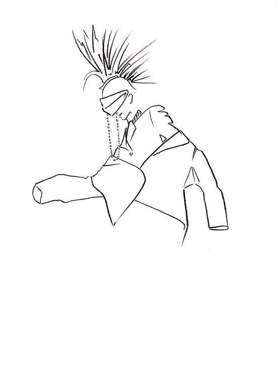 Modern line drawing of a punk with a Mohawk wearing an oversized jacket.