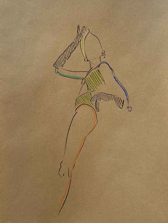 Colour pencil fashion sketch of a lady wearing a high-leg swimsuit. 