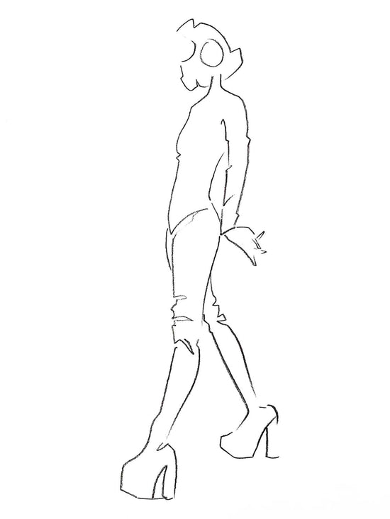 Sleek and simple line drawing of a lady wearing tall platform shoes. Black charcoal fashion sketch.