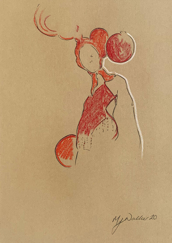 Fashion illustration on brown paper of a model wearing a dress made from red balloons.