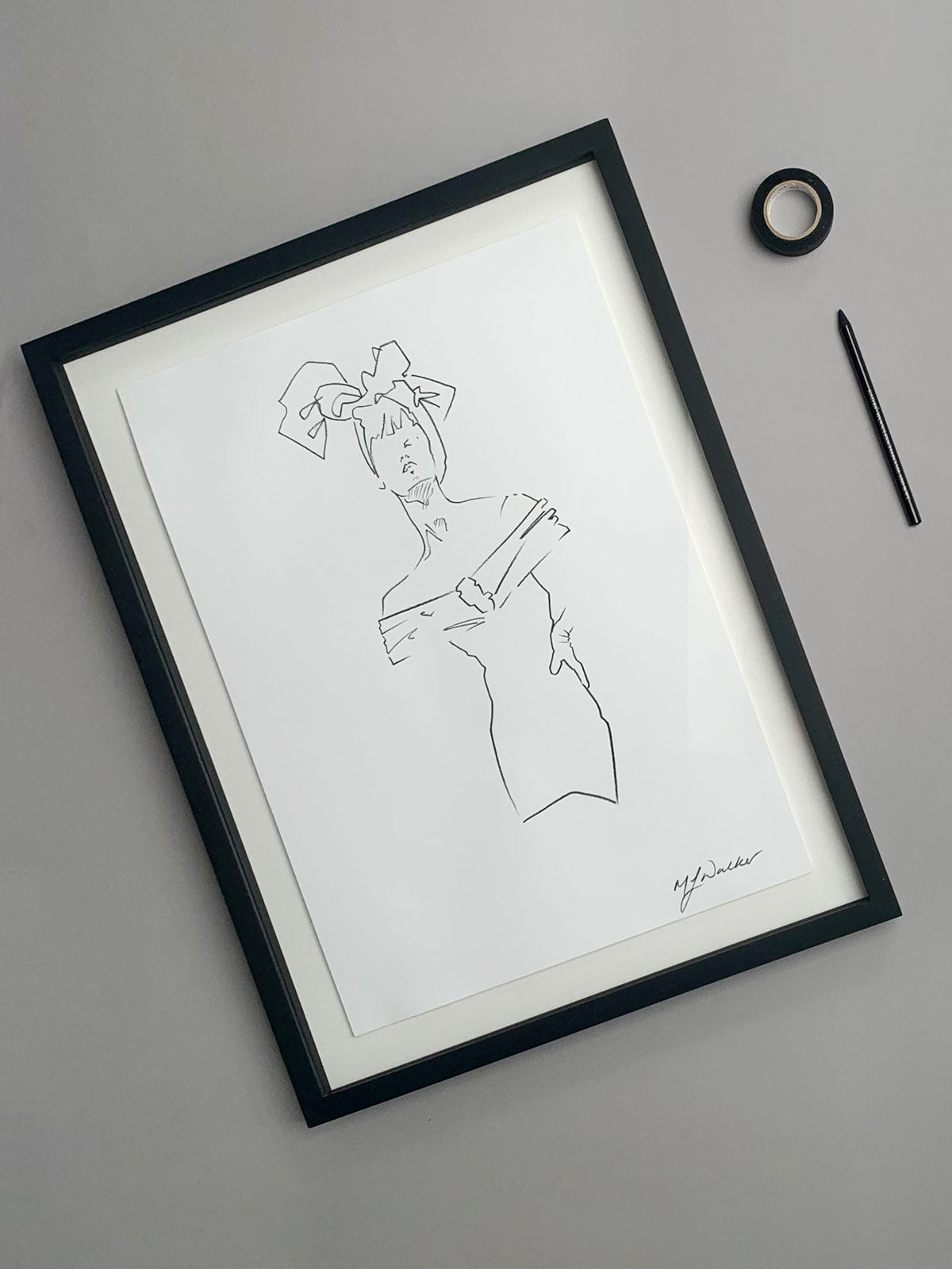Fashion illustration of a lady in a dress and a head scarf on a grey background.