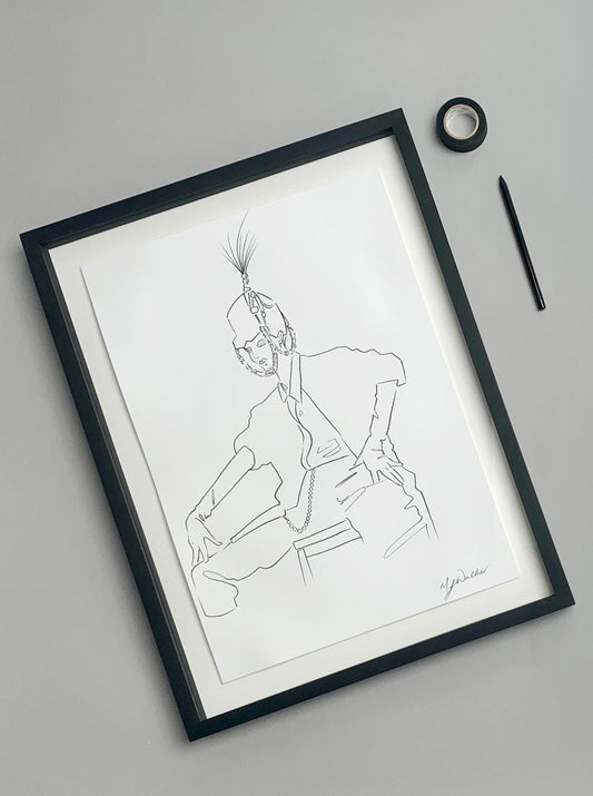 Lady wearing a riding hat and oversized shirt. A3 original artwork by Melanie Walker.