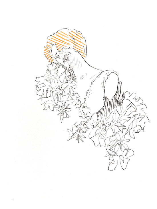 Sketch of a model wearing a ruffled flower dress using black charcoal and gold pencil from a series of 3 illustrations.
