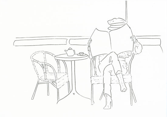 Contemporary line drawing of a woman reading a newspaper outside Audrey's restaurant.