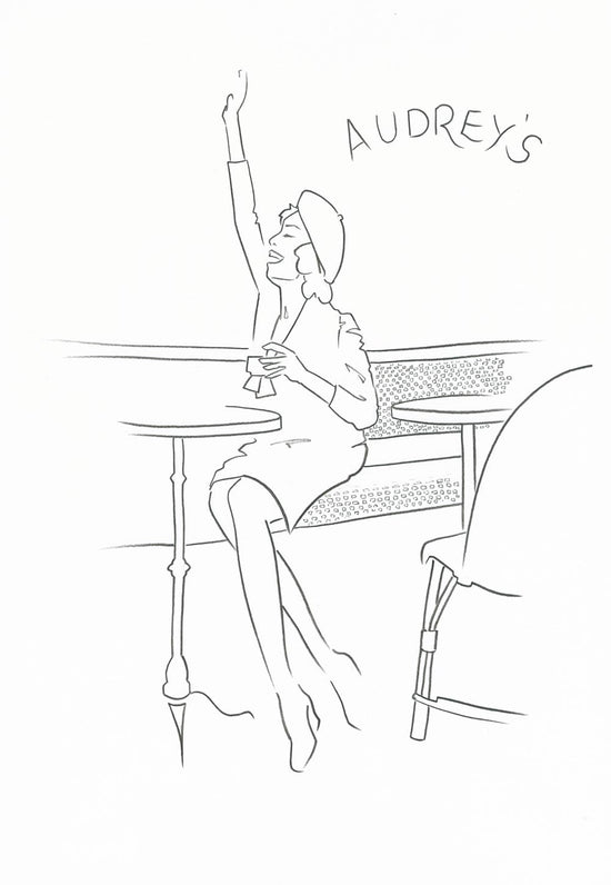 Unique line drawing of a Parisian woman waving hello to a friend outside Audrey's restaurant. 