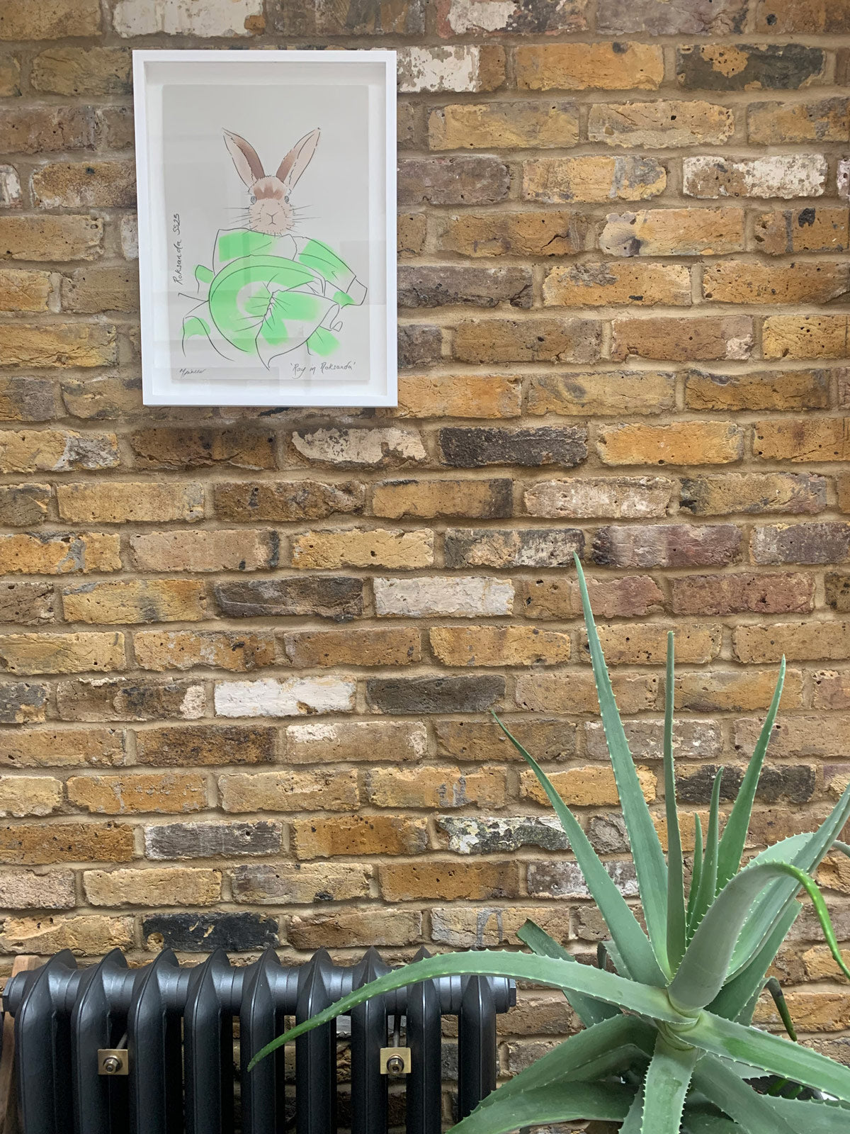 Colourful illustration of a bunny in designer Roksanda clothing on a exposed brick wall.