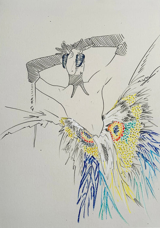 Thierry Mugler butterfly dress drawn in pastel pencils but fashion designer and illustrator Melanie Walker.