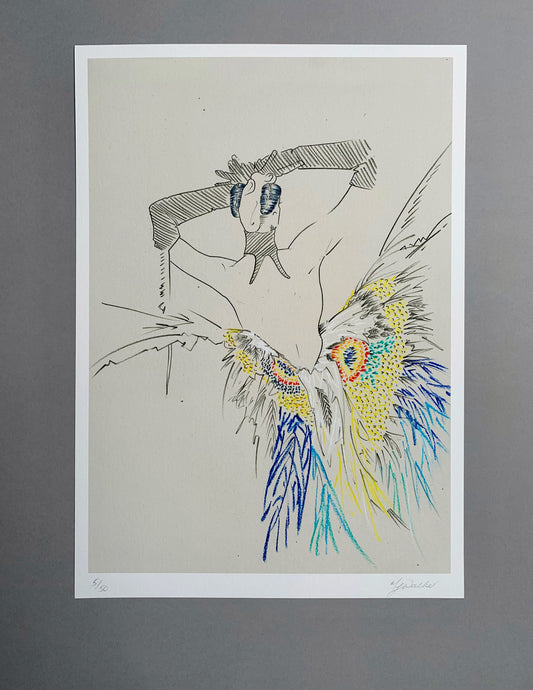 An A3 illustration of Thierry Muglers' butterfly dress drawn in pastel pencils but fashion designer and illustrator Melanie Walker.