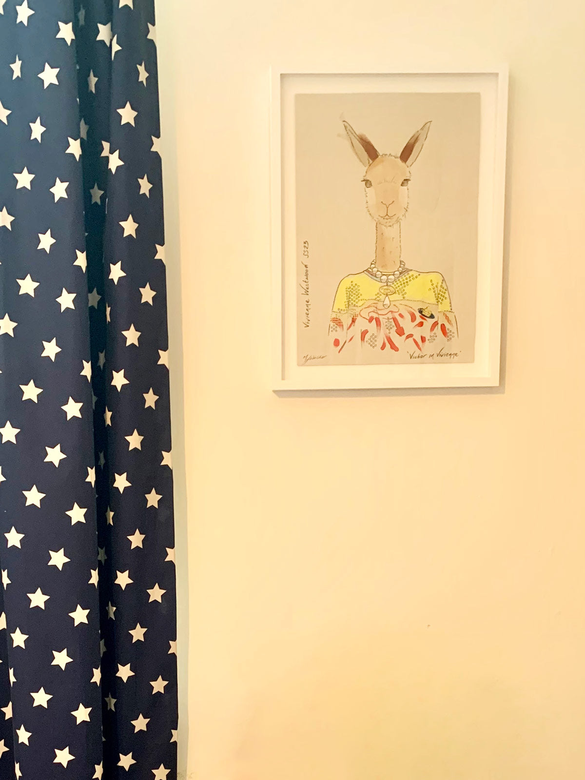 Colourful illustration of a Kangaroo in designer Vivienne Westwood clothing on a white wall.