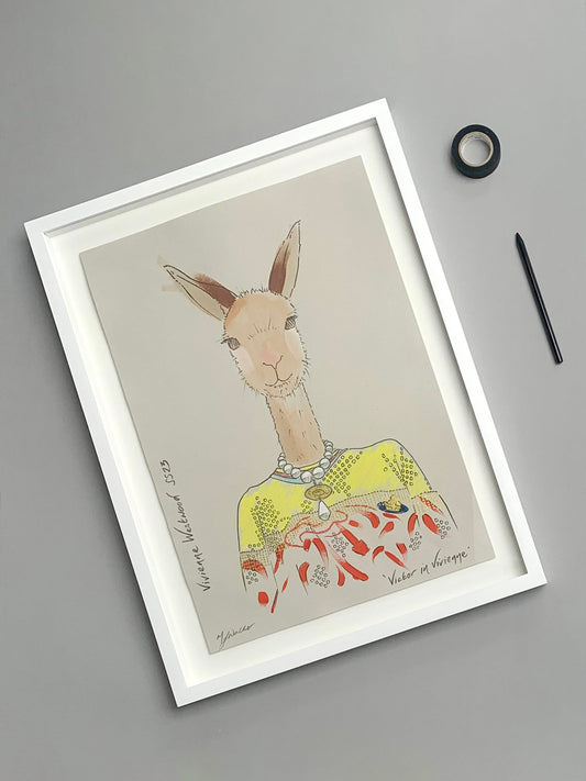 Colourful illustration of a Kangaroo in designer Vivienne Westwood clothing on a grey background.